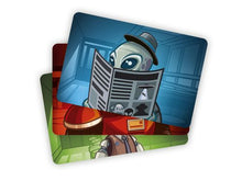 Load image into Gallery viewer, three colorful, illustrated agent cards from the Codenames Sci-Fi expansion fan-fanned out on a plain white background. The top card features a blue-toned illustration of a classic grey alien wearing a fedora hat while reading a newspaper with a UFO image on it, peeking over the top edge with large dark eyes.
