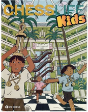 Load image into Gallery viewer, Front cover of the April 2025 issue of Chess Life Kids magazine, featuring an animated illustration of children holding trophies and medals inside a grand multi-level atrium.
