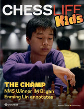 Load image into Gallery viewer, Front cover of the August 2026 issue of Chess Life Kids magazine, featuring a young IM Bryan Enming Lin leaning over a chessboard to make a move.
