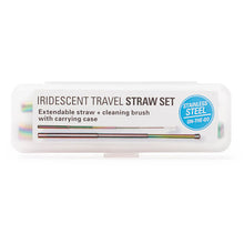 Load image into Gallery viewer, The image displays the retail packaging for a Kikkerland "Iridescent Travel Straw Set" against a plain white background. It features a horizontal, rectangular frosted plastic carrying case labeled with product text, subtly revealing a colorful, telescoping stainless steel straw and its slim cleaning brush nested inside.
