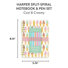 Load image into Gallery viewer, Measurements of Cool &amp; Creamy Harper Split Spiral Notebook and Pens
