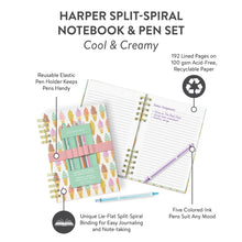 Load image into Gallery viewer, Details of Cool &amp; Creamy Harper Split Spiral Notebook and Pens. Demonstrates the reusable elastic pen holder, 192 lined pages on acid-free recyclable paper, and the unique lie-flat split-spiral binding. 
