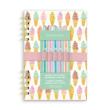 Load image into Gallery viewer, Front cover of Cool &amp; Creamy Harper Split Spiral Notebook and Pens. This notebook features ice cream cones and multiple colors and a set of colorful pastel gel pens held in place with an elastic pen holder. 
