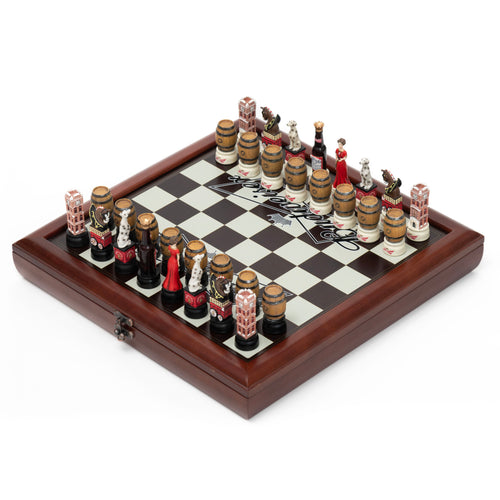 Wooden chess board with brown and white squares, featuring a Budweiser logo on two sides. With pieces