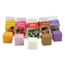Load image into Gallery viewer, 5 lightly scented erasers in fun "milk carton" packaging. Scents include fruit juice, strawberry, grape, chocolate and milk.
