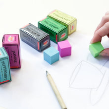 Load image into Gallery viewer, 5 lightly scented erasers in vintage "tea carton" packaging. Scents include green tea, black tea, chamomile, peppermint and jasmine.
