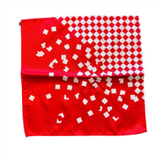 Load image into Gallery viewer, This is a bright red pocket square with a white checkered pattern in the upper-right corner that disperses into scattered square pixels across the rest of the fabric.
