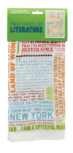 image of first line of literature teal towel
