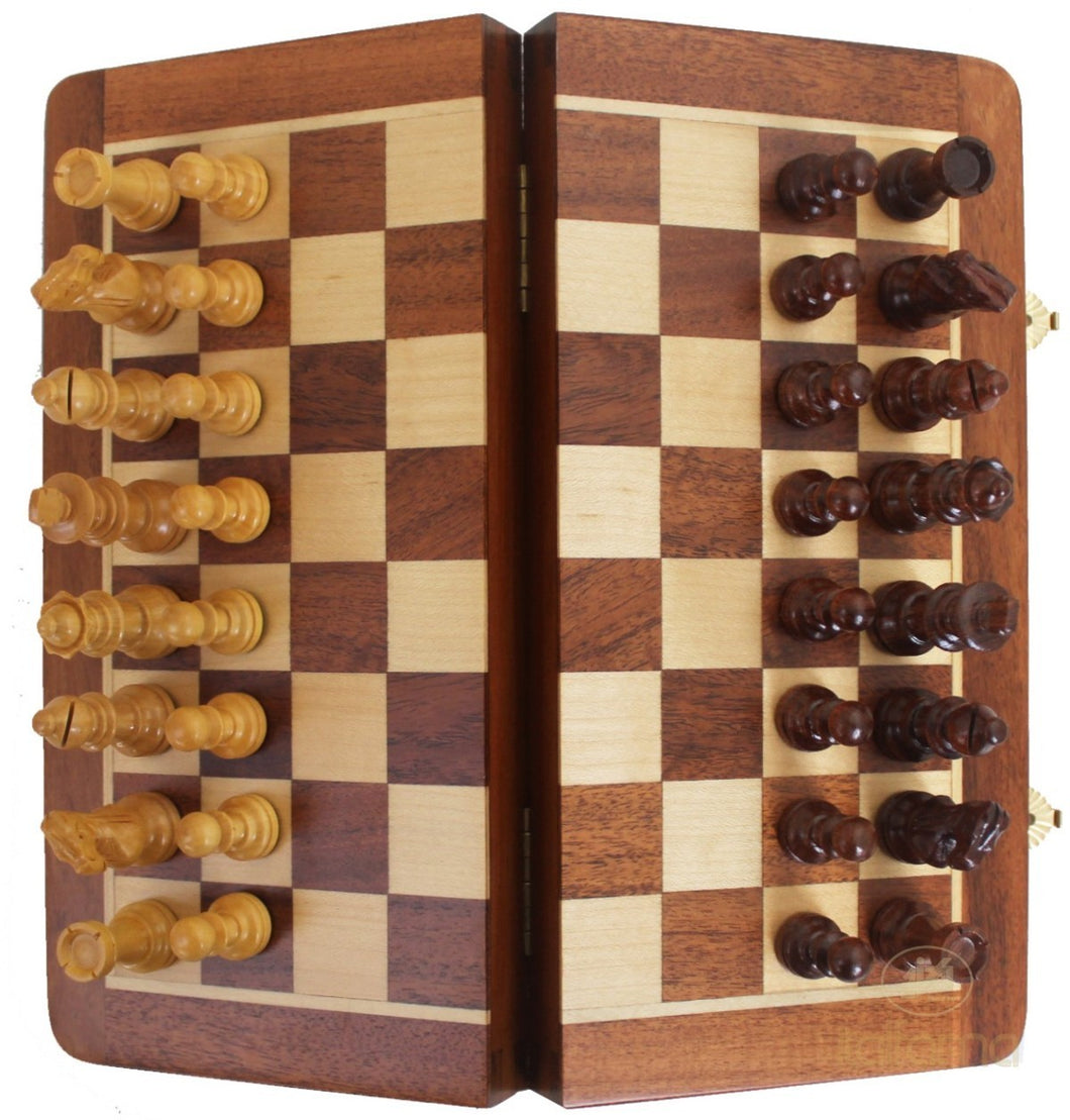 Image of magnetic wooden folding chess set 

