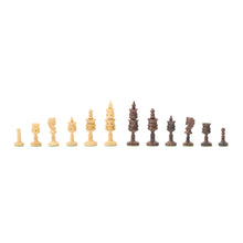 Load image into Gallery viewer, A full lineup of light and dark hand-carved wooden chess pieces displayed in order of height on a white background.

