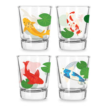Load image into Gallery viewer, Set of 4 beautiful glass shot glasses adorned with koi fish

