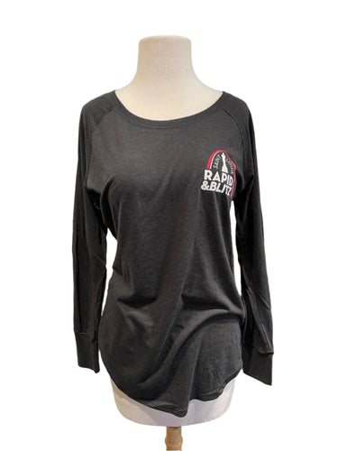 Image of charcoal long sleeve womans wide neck pullover with Saint Louis Rapid and Blitz logo over the left breast. 