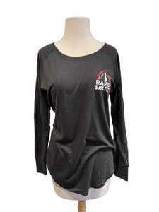 Image of charcoal long sleeve womans wide neck pullover with Saint Louis Rapid and Blitz logo over the left breast. 