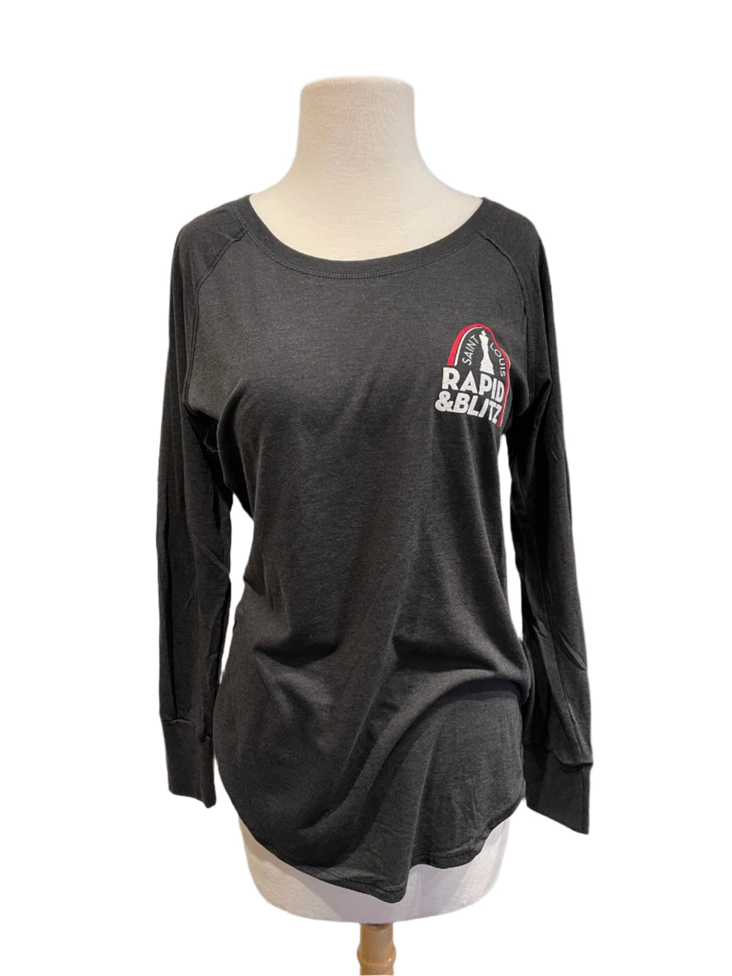Image of charcoal long sleeve womans wide neck pullover with Saint Louis Rapid and Blitz logo over the left breast. 