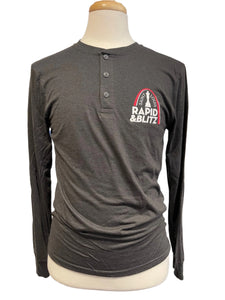 Image of charcoal long sleeve mens henley pullover with Saint Louis Rapid and Blitz logo over the left breast. 