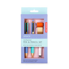 Load image into Gallery viewer, This image shows the retail packaging for Kikkerland's Inkerie "Mechanical Pen &amp; Pencil Set," presented in a lavender-colored box with a light blue top and a central window displaying the items. Inside, the coordinated stationery set includes a sleek multi-tool pen, a matching mechanical pencil, a container of $0.7\text{ mm HB}$ lead refills, and a gold metal notebook clip with an orange loop.
