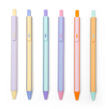Load image into Gallery viewer, This image showcases the six gel pens laid out neatly in a parallel horizontal line against a stark white background. Each pen features a unique, colorful multi-striped barrel paired with a solid pastel cap, displaying a vibrant spectrum of pink, purple, blue, green, yellow, and orange tones.
