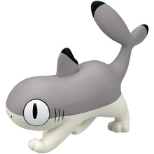 Load image into Gallery viewer, A grey-and-white Sharkitty figurine captured mid-pounce on a plain white background, standing on all four white legs with its tail curved upward. The figurine features a rounded grey shark head with large cartoon eyes and side gill slits, along with a black-tipped dorsal fin on its back and matching black accents on its tail fin.
