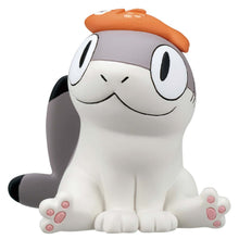 Load image into Gallery viewer, A grey-and-white Sharkitty figurine sitting upright against a plain white background, its back paws spread out showing pink toe pads. It features large, cartoonish oval eyes, a gentle smile, and a small orange fish balancing top of its head.
