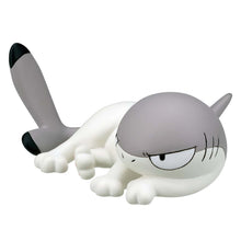 Load image into Gallery viewer, A grey-and-white Sharkitty figurine lounging low on its side against a plain white background with its tail sticking straight up in the air. The smooth grey head rests near its paws with narrowed, half-lidded eyes and a grumpy expression.
