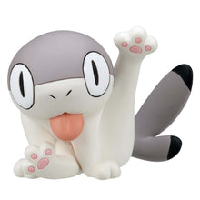 Load image into Gallery viewer, A grey-and-white Sharkitty figurine  sitting in a grooming pose against a plain white background, holding one back leg straight up in the air to reveal its pink paw pads. It looks forward with wide oval eyes, sticking its pink tongue out to the side.
