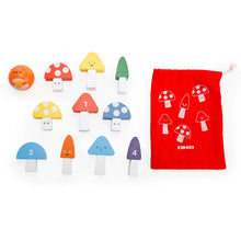 Load image into Gallery viewer, This image showcases the contents of the "Mini Mushroom Bowling" set arranged neatly against a clean white background. It features a smooth, round orange wooden bowling ball painted with a cute animal face, alongside nine small, colorful mushroom-shaped pins in shades of red, blue, yellow, green, and purple, each sporting a distinct whimsical expression.
