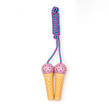 Load image into Gallery viewer, This image displays the unpackaged "Skipping Rope Ice Cream" toy resting against a solid white background with its vibrant pink and blue braided jump rope bundled neatly at the top. Extending downward from the bundle are two wooden handles shaped like tan ice cream cones, topped with round pink scoops featuring multicolored sprinkles and smiling cartoon faces.
