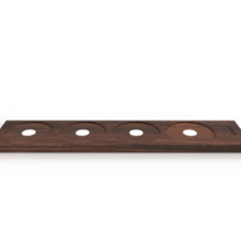Load image into Gallery viewer, A dark wooden flight board tray with four circular recessed cutouts, each having an adjustable LED light in the center, designed to hold tasting glasses and light below the glasses.
