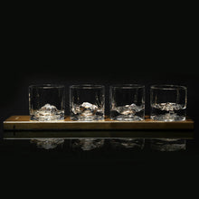 Load image into Gallery viewer, image showing set of four rocks glasses with the four great American mountain peaks.

