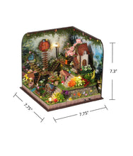 Load image into Gallery viewer, The full miniature diorama kit is shown with dimension callouts indicating a width of 7.75 inches, a depth of 7.75 inches, and a height of 7.3 inches.
