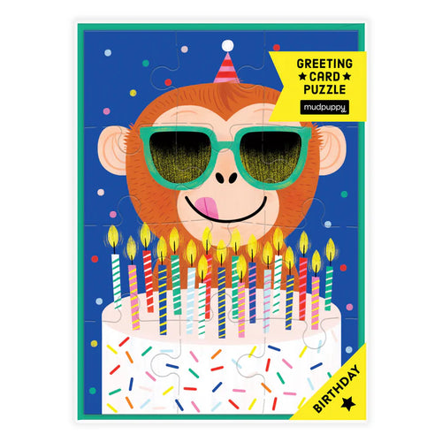 image of monkey with cake puzzle greeting card
