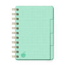 Load image into Gallery viewer, The spiral bound outside of the Melon Bingsu Acrylic Notebook. The cover is a translucent light green with  a small graphic of a cherry in the bottom left. 
