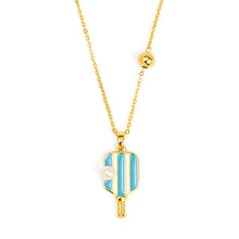 Load image into Gallery viewer, blue and white pickleball paddle necklace with faux pearl accent
