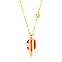 Load image into Gallery viewer, red and white pickleball paddle necklace with faux pearl accent
