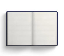 Load image into Gallery viewer, This image shows an open notebook lying perfectly flat and viewed from directly above against a white background. The notebook reveals two blank, cream-colored pages featuring thin, horizontal gray lines for writing, subtly bordered by a dark navy blue spine and outer cover.
