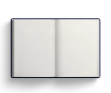 Load image into Gallery viewer, This image shows an open notebook lying perfectly flat and viewed from directly above against a white background. The notebook reveals two blank, cream-colored pages featuring thin, horizontal gray lines for writing, subtly bordered by a dark navy blue spine and outer cover.
