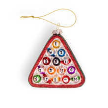Load image into Gallery viewer, A triangular, glitter-rimmed glass ornament depicting a pool table rack filled with numbered billiard balls.

