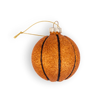Load image into Gallery viewer, A round, textured orange glass ornament decorated with sparkling glitter to resemble a basketball.
