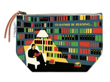Load image into Gallery viewer, 100% natural cotton bag featuring a library and reader under a lamp
