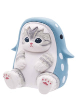 Load image into Gallery viewer, A single grey-striped cat figurine sitting upright against a plain white background, wearing a light blue whale-shark hoodie. The hood frames its face with soft teeth, while its rounded paws and pink-padded feet rest forward.
