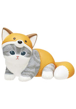 Load image into Gallery viewer, A grey-and-white tabby cat figurine lying down on a plain white background, dressed in a bright orange fox costume. The hood features pointed ears and a small fox nose on the cat's forehead, while a bushy orange tail with a white tip curls alongside its back legs.
