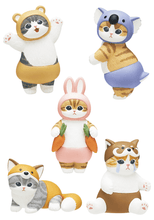 Load image into Gallery viewer, Five small plastic figurines of cats dressed up in animal costumes, each with unique poses and expressions. The outfits include a teddy bear with raised paws, a koala looking over its shoulder, a rabbit holding two carrots, a Red Panda with crying tear streaks, and a fox lying down on its stomach.
