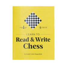 Load image into Gallery viewer, A bright yellow book cover titled "Learn to Read &amp; Write Chess" by Jeanne Cairns Sinquefield, featuring a diamond-angled checkered board illustration and institutional logos.
