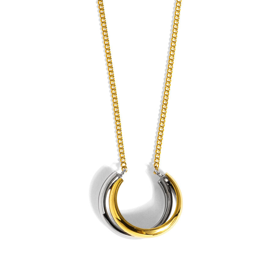 image of intwined gold and silver open hoop necklace