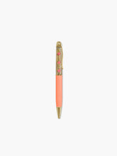 Load image into Gallery viewer, an elegant ballpoint pen is displayed floating vertically in the center. The pen features a smooth peach-colored lower barrel, a polished gold tip and clip, and a clear upper half filled with sparkling gold glitter fluid where small pink cherry icons float.

