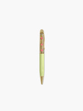 Load image into Gallery viewer, an elegant ballpoint pen is displayed floating vertically in the center. The pen features a smooth, pastel lime-green lower barrel, a polished gold tip and clip, and a clear upper half filled with sparkling gold glitter fluid where small pink cherry icons float.
