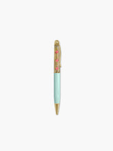Load image into Gallery viewer, The pen features a smooth, mint-blue lower barrel, a polished gold tip and clip, and a clear upper half filled with sparkling gold glitter fluid where small pink cherry icons float.

