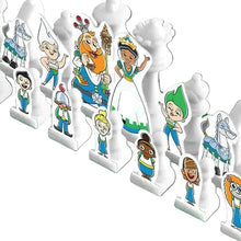 Load image into Gallery viewer, A set of white plastic chess pieces with colorful cartoon character cardboard cutouts inserted into them, lined up against a white background.
