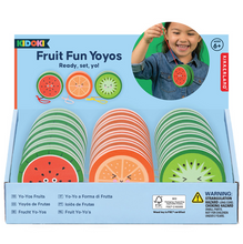 Load image into Gallery viewer, Three stacked rows of wooden yoyos designed to look like smiling fruit slices: red watermelons, bright oranges, and light green kiwis. The top backdrop features illustrations of the three fruits alongside a circular photo of a smiling young girl playing with one of the watermelon yoyos.
