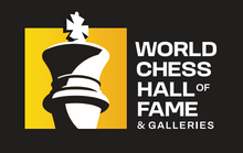 Load image into Gallery viewer, This playful magnet proudly displays the World Chess Hall of Fame logo in a horizontal layout with a black background
